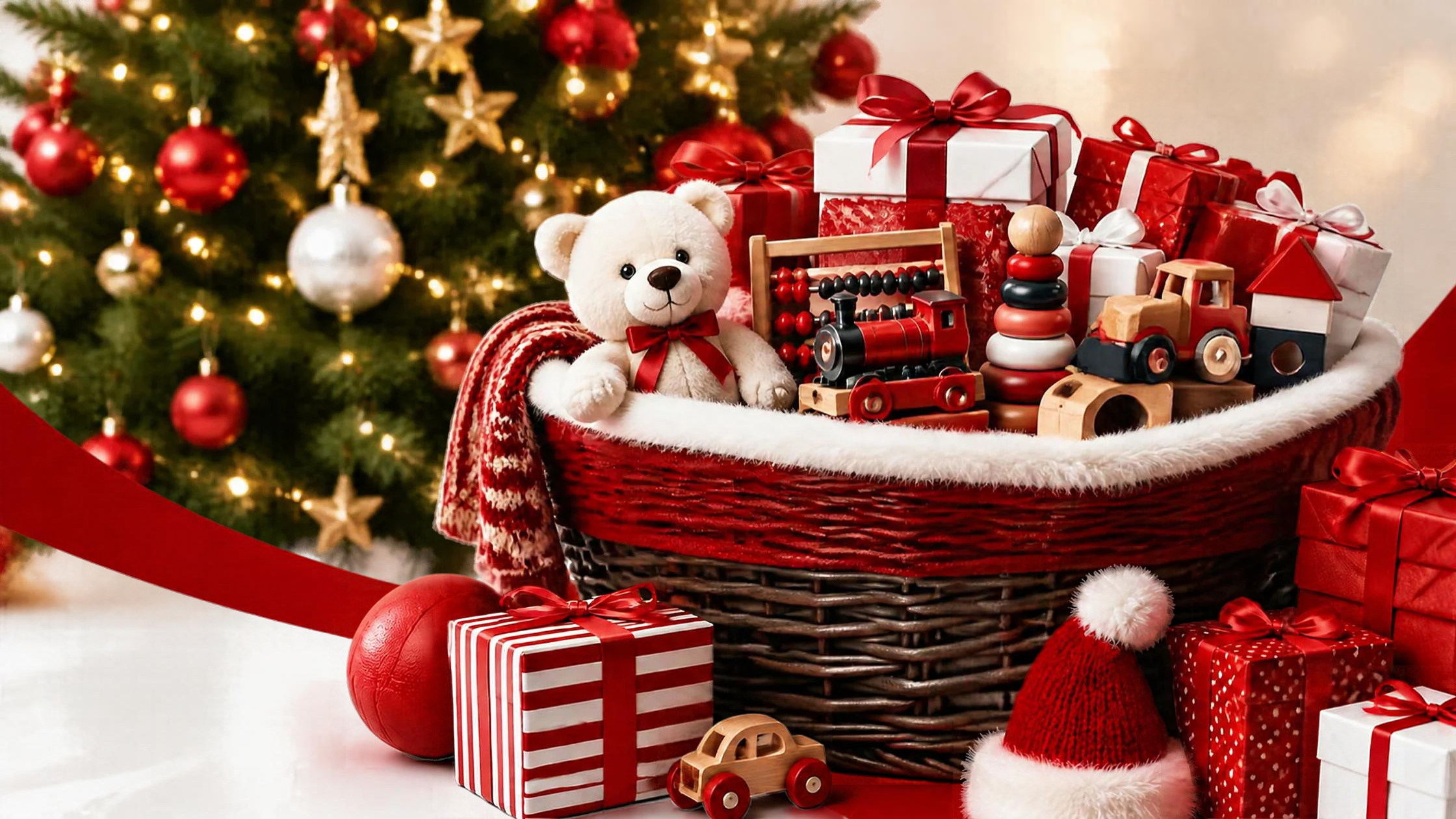 basket with Christmas gifts in it, in front of a Christmas Tree