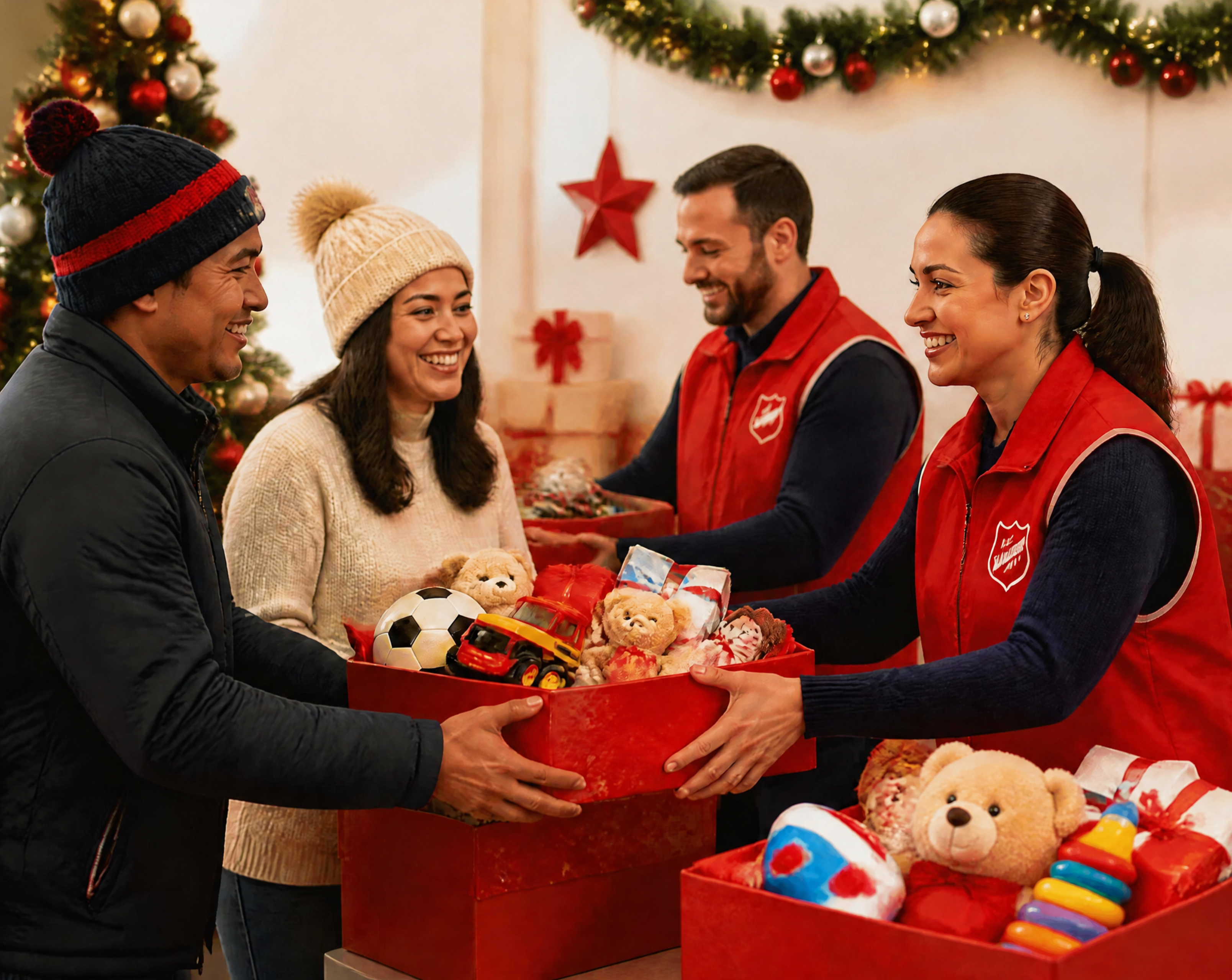 2 volunteers handing Christmas gifts to two adults