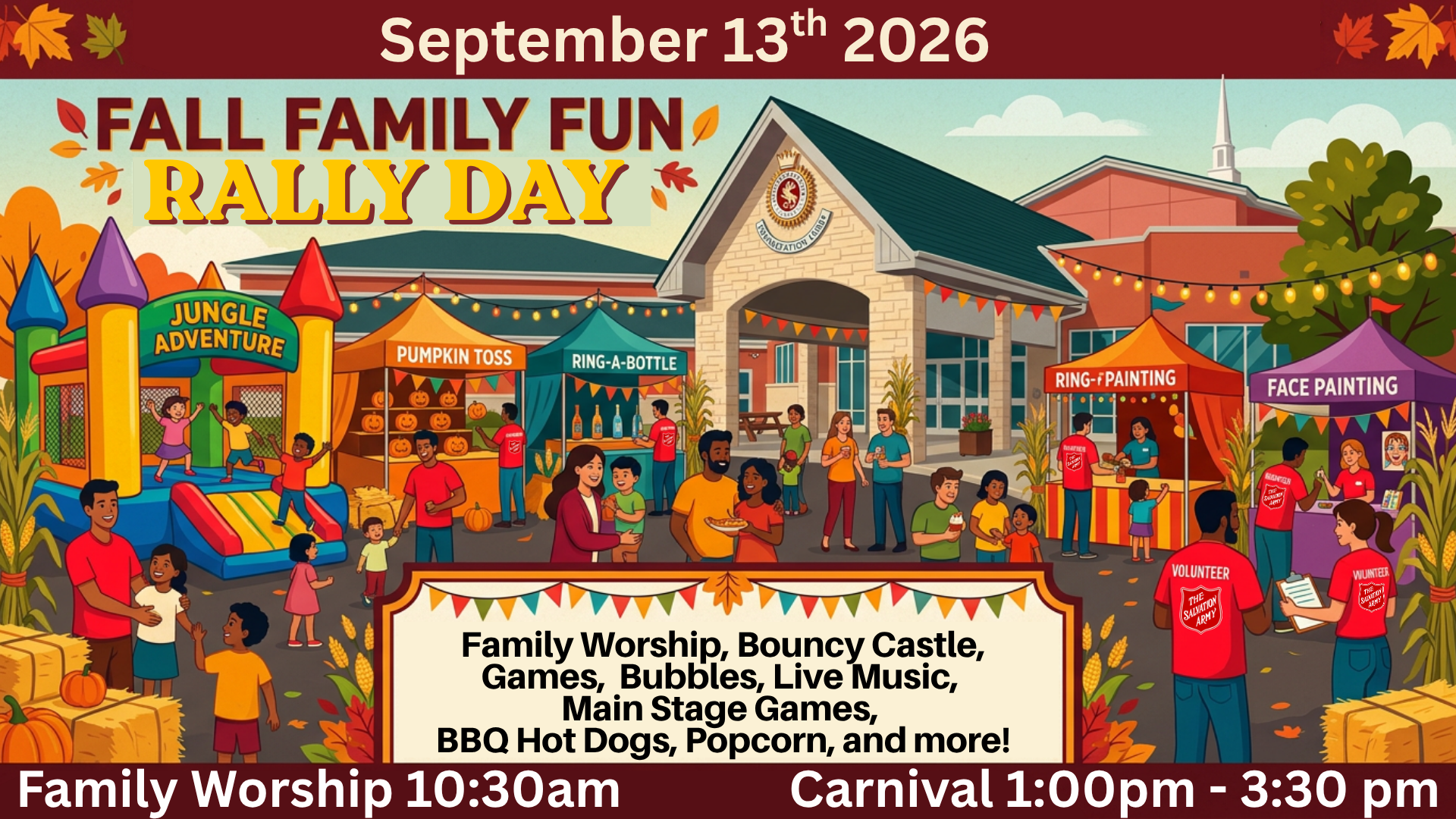 Rally Day information graphic September 13th 2026 Family Worship 10:30am and Carnival from 1-3:30pm