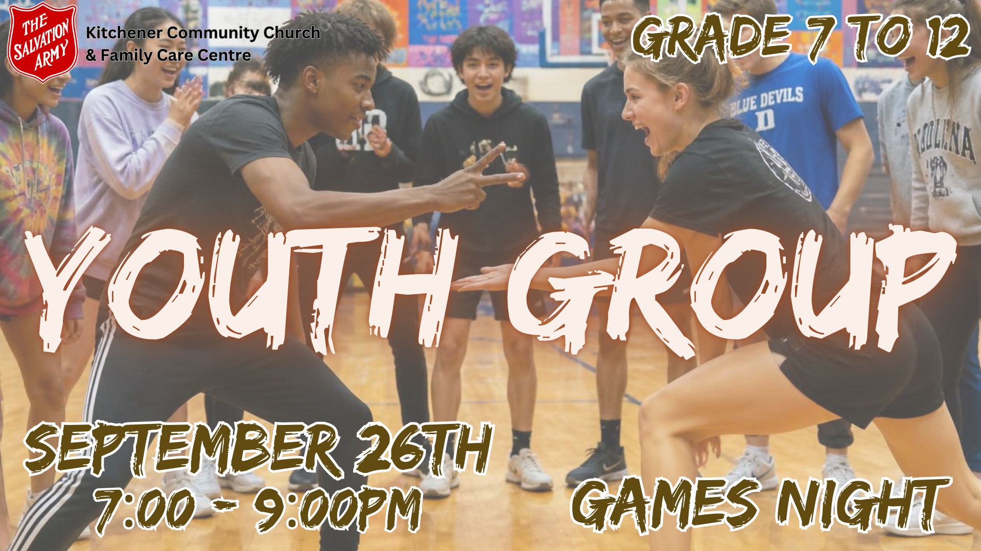 picture of teens playing games with words overtop sharing details for youth group Sept 26th 7-9pm Games Night
