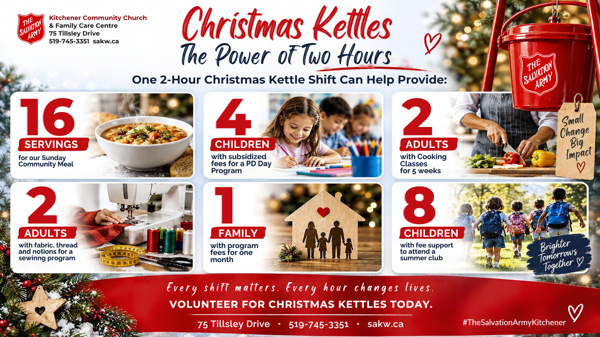 A image showing through 6 small stats the impact one can make by volunteering just 2 hours on a Christmas Kettle this season.